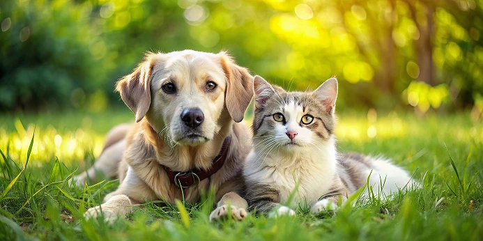 芝生の上で寄り添う犬（ゴールデンレトリバー）と猫